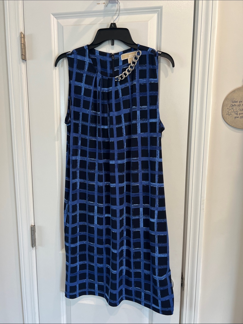 Michael Kors Sleeveless Blue Checked Shift Dress with Chain Detail